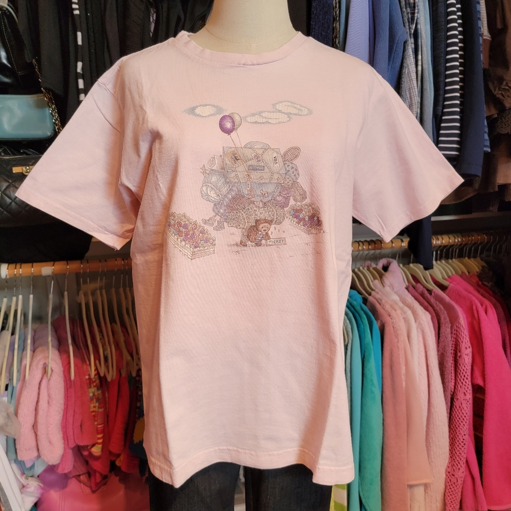 NORTHERN REFLECTIONS ♡ Vintage Pink Top w Teddy Bear Carrying Lots of Luggage M